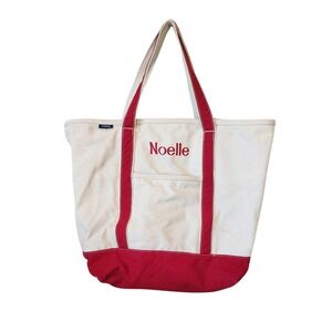 Vintage Lands End Canvas Tote Bag XL Red Cream "Noelle" Large Interior Pockets